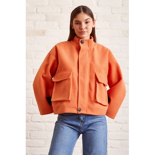 Cep Detaylı Bağcıklı Crop Ceket Turuncu