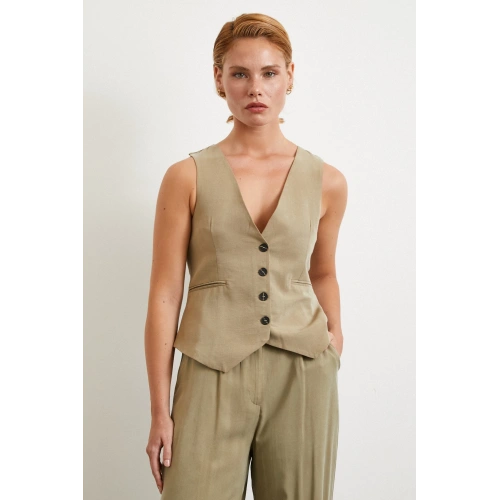 Cep Kapaklı Keten Yelek Haki