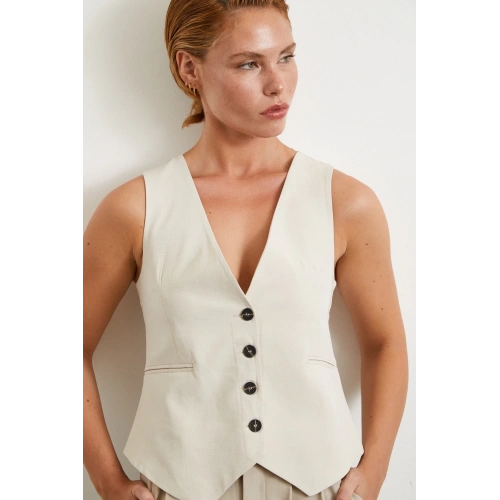 Cep Kapaklı Keten Yelek Krem