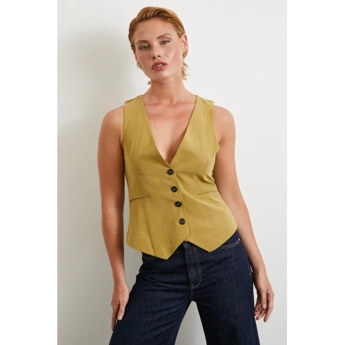 Cep Kapaklı Keten Yelek Olive