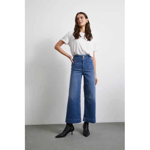 Cep Ve Düğme Detaylı Wide Leg Jean Mavi