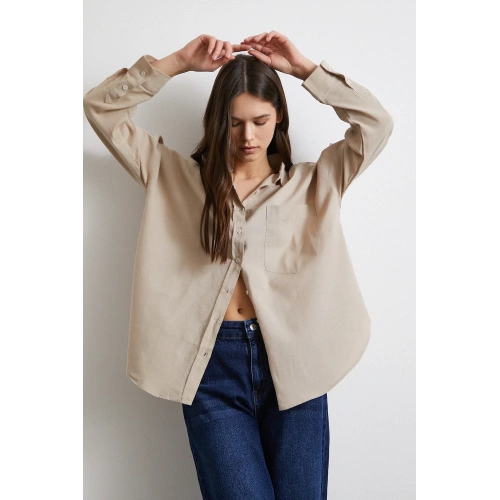 Cepli Oversize Keten Gömlek Bej