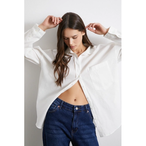 Cepli Oversize Keten Gömlek Ekru