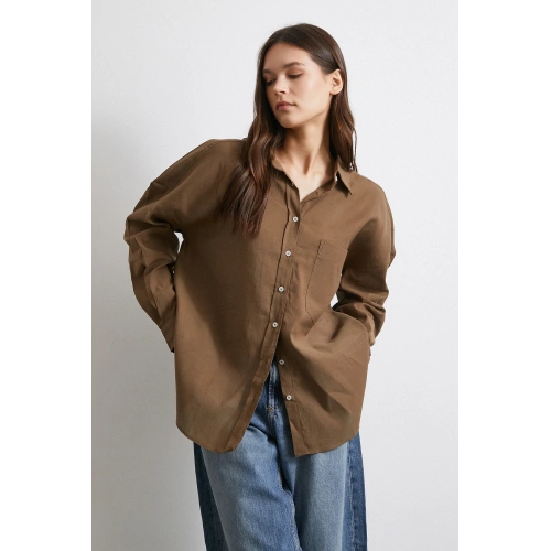 Cepli Oversize Keten Gömlek Kahve