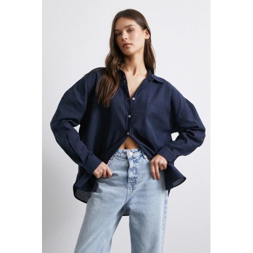 Cepli Oversize Keten Gömlek Lacivert