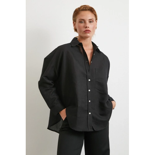 Cepli Oversize Keten Gömlek Siyah