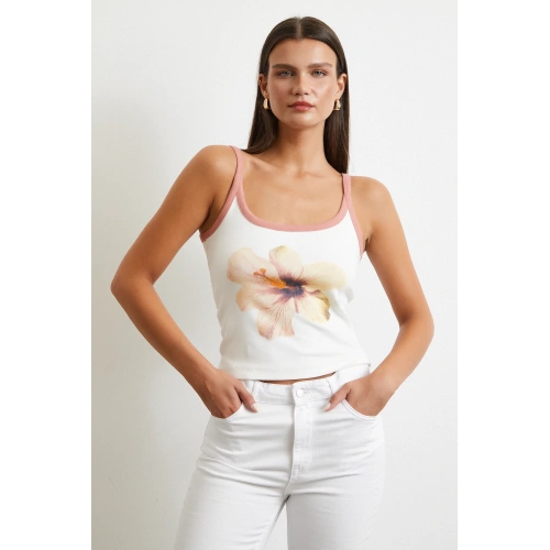 Çiçek Baskılı Askılı Top Ekru