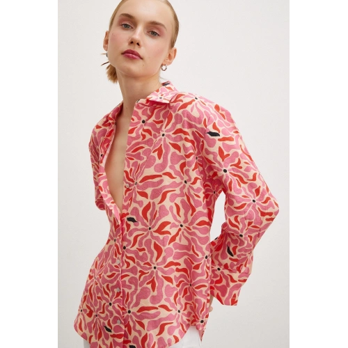 Çiçek Desen V Yaka Modal Gömlek Fuşya