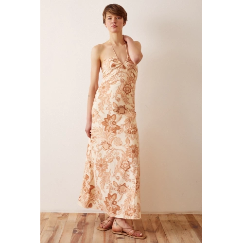 Çiçek Desenli Askılı Elbise Sarı