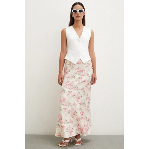 Çiçek Desenli Saten Etek Lila