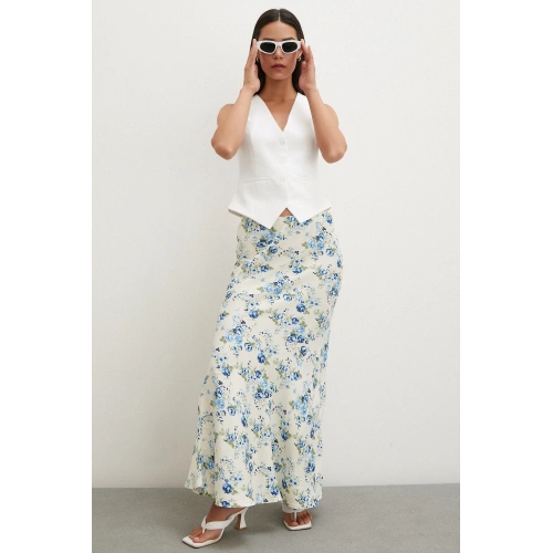 Çiçek Desenli Saten Etek Mavi