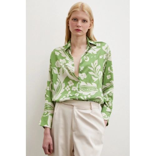 Çiçek Desenli Saten Gömlek Yeşil