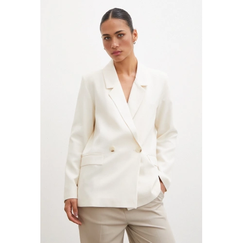 Çift Düğmeli Keten Blazer Ceket Ekru