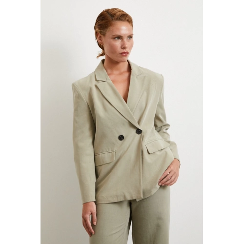 Çift Düğmeli Keten Blazer Ceket Gri