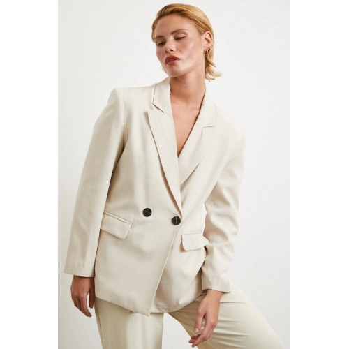 Çift Düğmeli Keten Blazer Ceket Krem