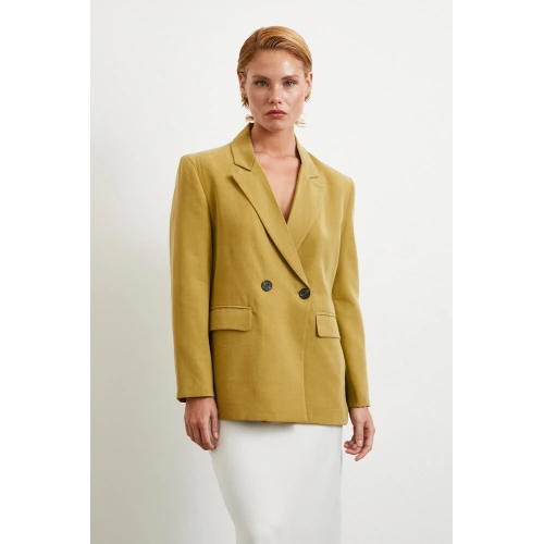 Çift Düğmeli Keten Blazer Ceket Olive