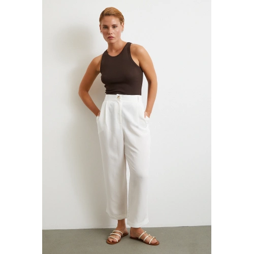 Çift Pileli Keten Pantolon Krem