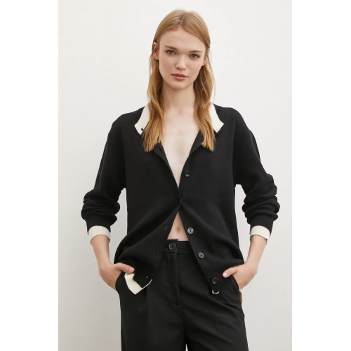 Çift Yakalı Düğmeli Hırka Siyah