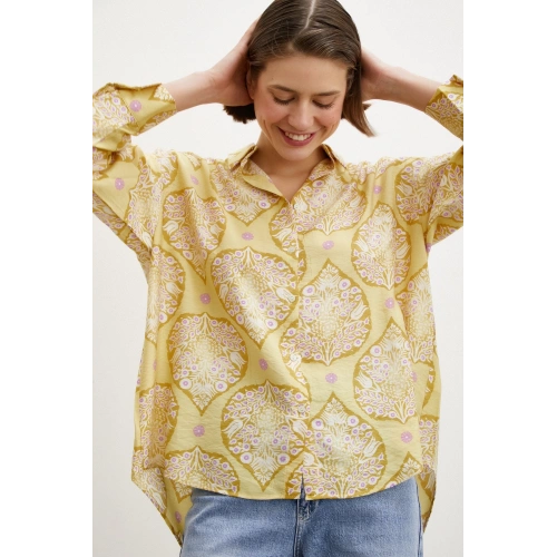 Çini Desenli Modal Gömlek Sarı