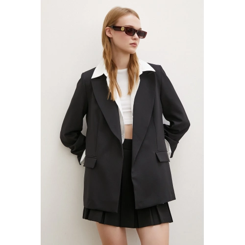 Çizgi Astarlı Cep Kapaklı Blazer Ceket Siyah