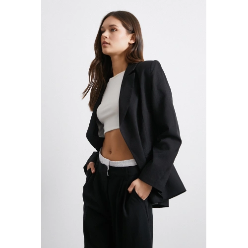 Çizgi Astarlı Dökümlü Blazer Ceket Siyah