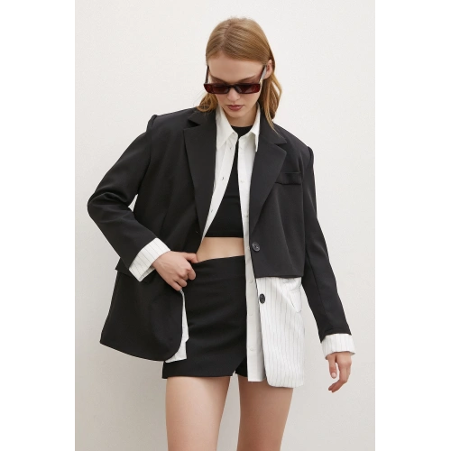 Çizgi Detaylı Çift Düğmeli Blazer Ceket Beyaz