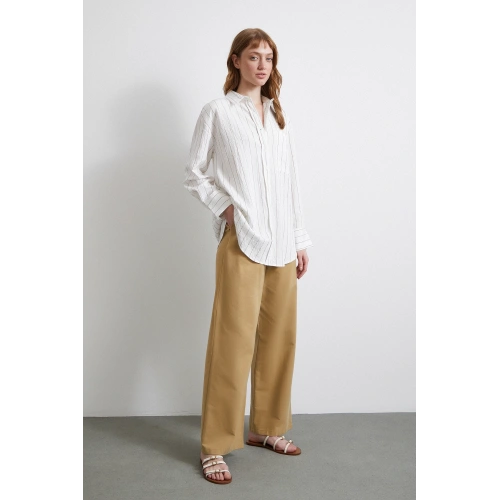 Çizgili Cepli Gömlek Bej