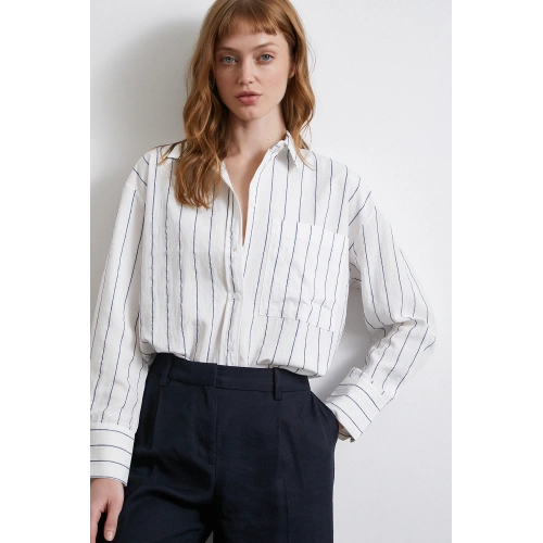 Çizgili Cepli Gömlek İndigo