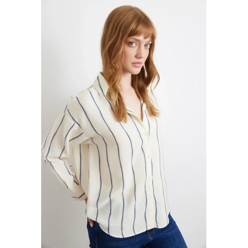 Çizgili Modal Gömlek İndigo