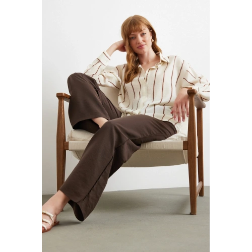 Çizgili Modal Gömlek Kahve