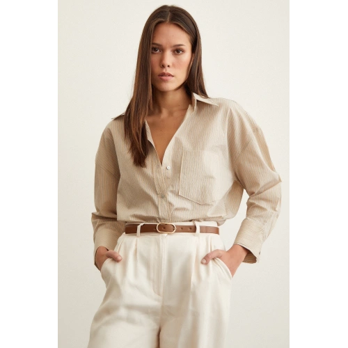 Çizgili Oversize Gömlek Bej