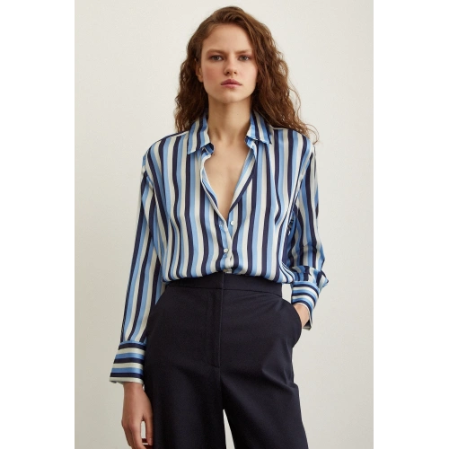 Çizgili Saten Gömlek Lacivert