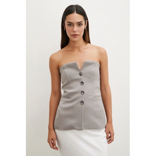 Çizgili Straplez Yelek Taş