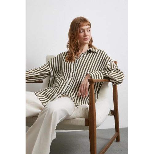 Çizgili T Kol Gömlek Haki