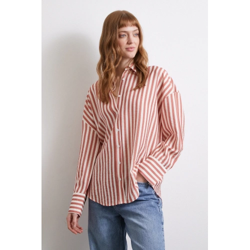 Çizgili T Kol Gömlek Kiremit