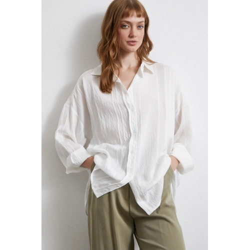 Dantel Detaylı Transparan Pamuklu Gömlek Beyaz