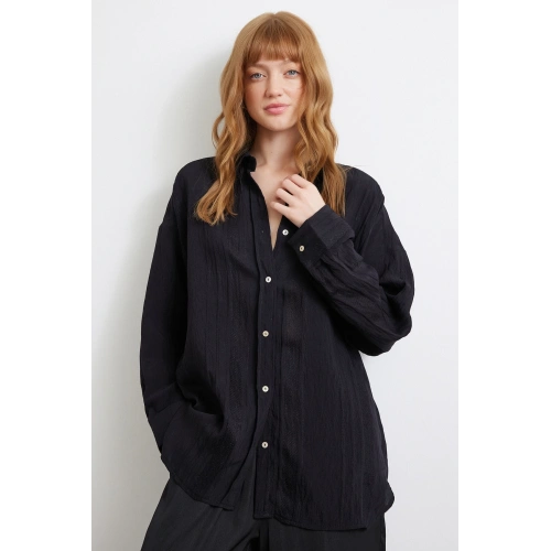 Dantel Detaylı Transparan Pamuklu Gömlek Siyah