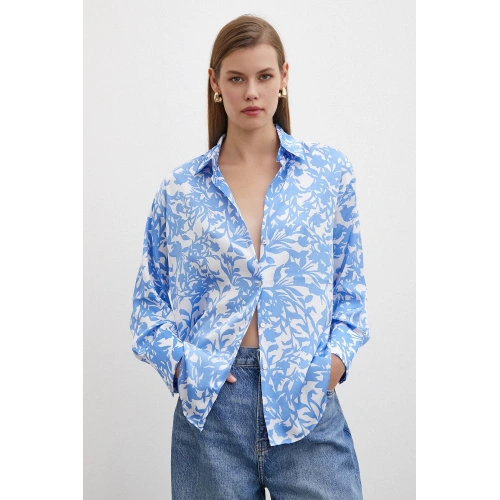 Desenli Gofret Saten Gömlek Açık Mavi