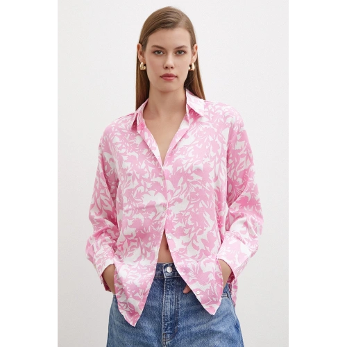 Desenli Gofret Saten Gömlek Pembe