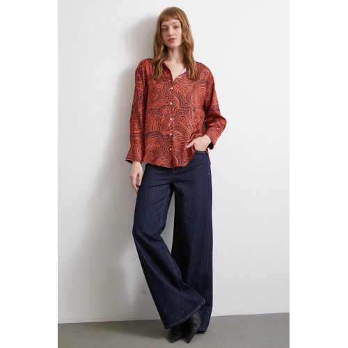 Desenli Gofret Saten Gömlek Turuncu