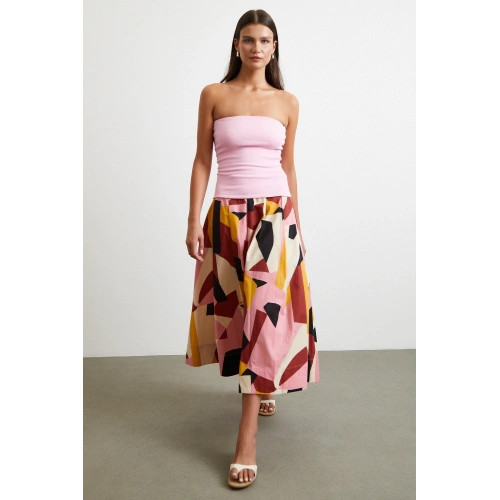 Desenli Midi Etek Pembe