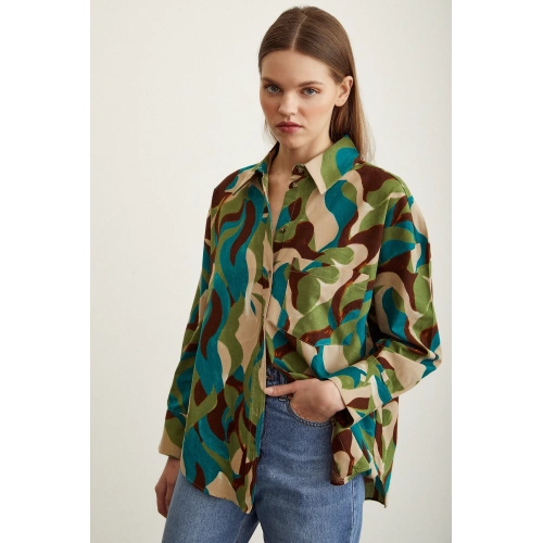 Desenli Poplin Gömlek Bej