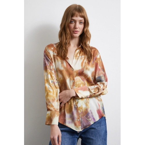 Desenli Saten Gömlek Lila