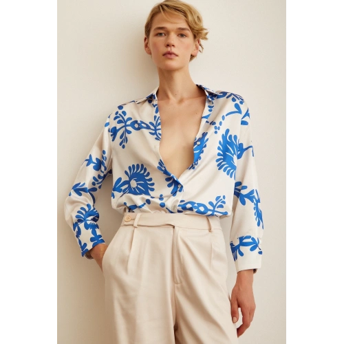 Desenli  Saten Gömlek Mavi