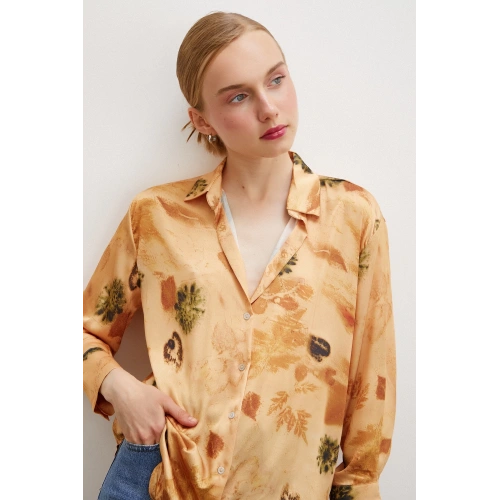 Desenli Saten Gömlek Somon