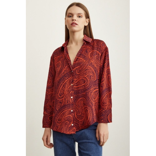 Desenli Saten Gömlek Turuncu