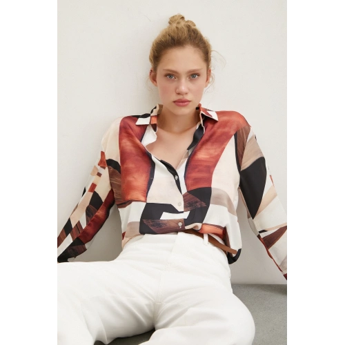 Desenli V Yaka Gömlek Kahve