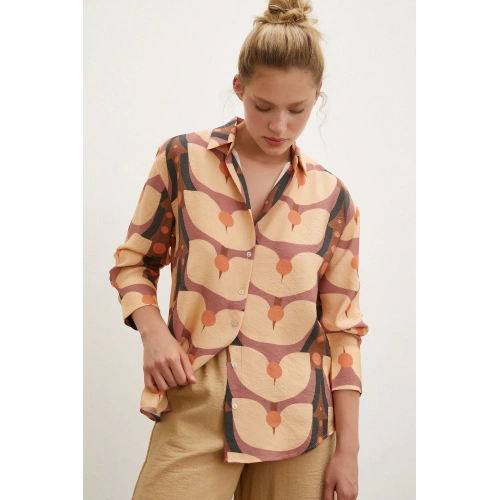 Desenli V Yaka Modal Gömlek Camel