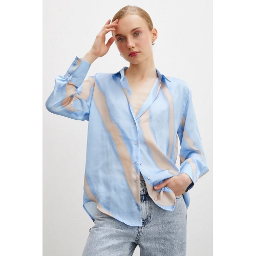 Desenli V Yaka Saten Gömlek Mavi