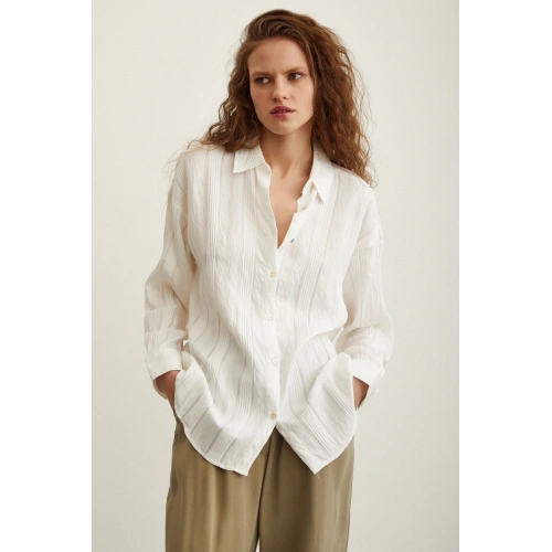 Dokulu Çizgili Gömlek Beyaz